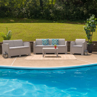 Flash Furniture DAD-SF-123T-CRC-GG 4 Piece Outdoor Faux Rattan Chair, Loveseat, Sofa and Table Set in Light Gray 